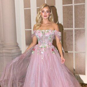 New Off Shoulder Evening Tulle Gown w/ Floral Applique & Layered Skirt CD A1479